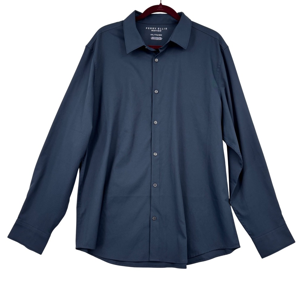 Perry Ellis Motion Button Down Shirt Mens XXL Navy Blue Long Sleeve Performance